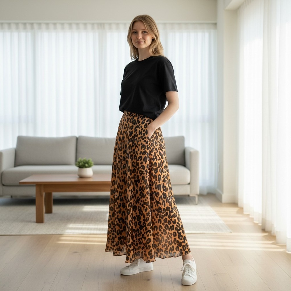 Leopard Print 100% Silk Maxi Skirt Brown Black Elastic‎ Waist Flowy Lined Medium